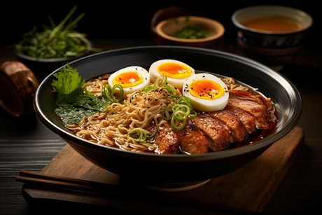 Shoyu Ramen mit Hähnchen-Chashu, Pak Choi und Bambussprossen